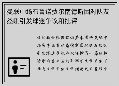 曼联中场布鲁诺费尔南德斯因对队友怒吼引发球迷争议和批评
